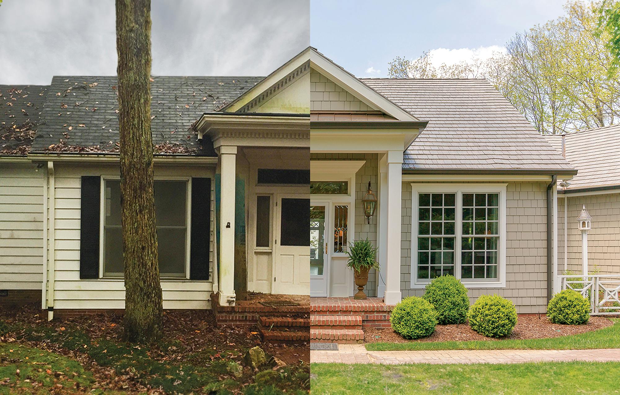 Before and after comparison of a home with old siding vs new, Hardie shingle siding 