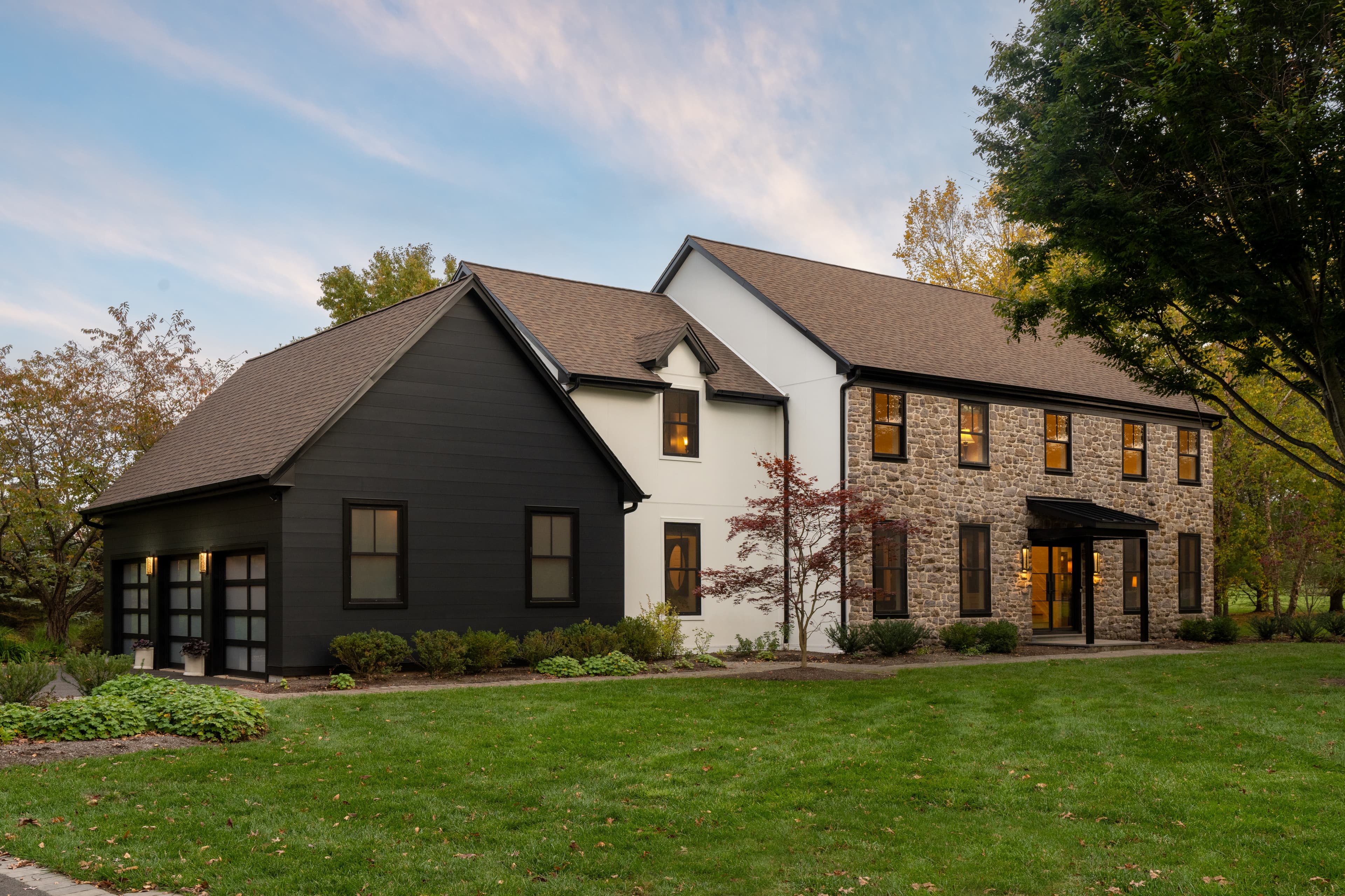 House Style Guide: Colonial house clad with Hardie Architectural Panels in Fine Sand, a custom field-painted color, and Summer White House Style Guide: Colonial house clad with Hardie Architectural Panels in Fine Sand, a custom field-painted color, and Summer White