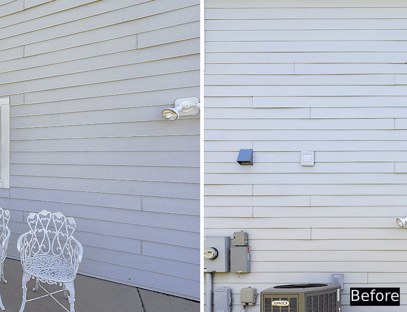 Swanz before showing cracking and warped non-Hardie fiber cement siding Swanz' before 1